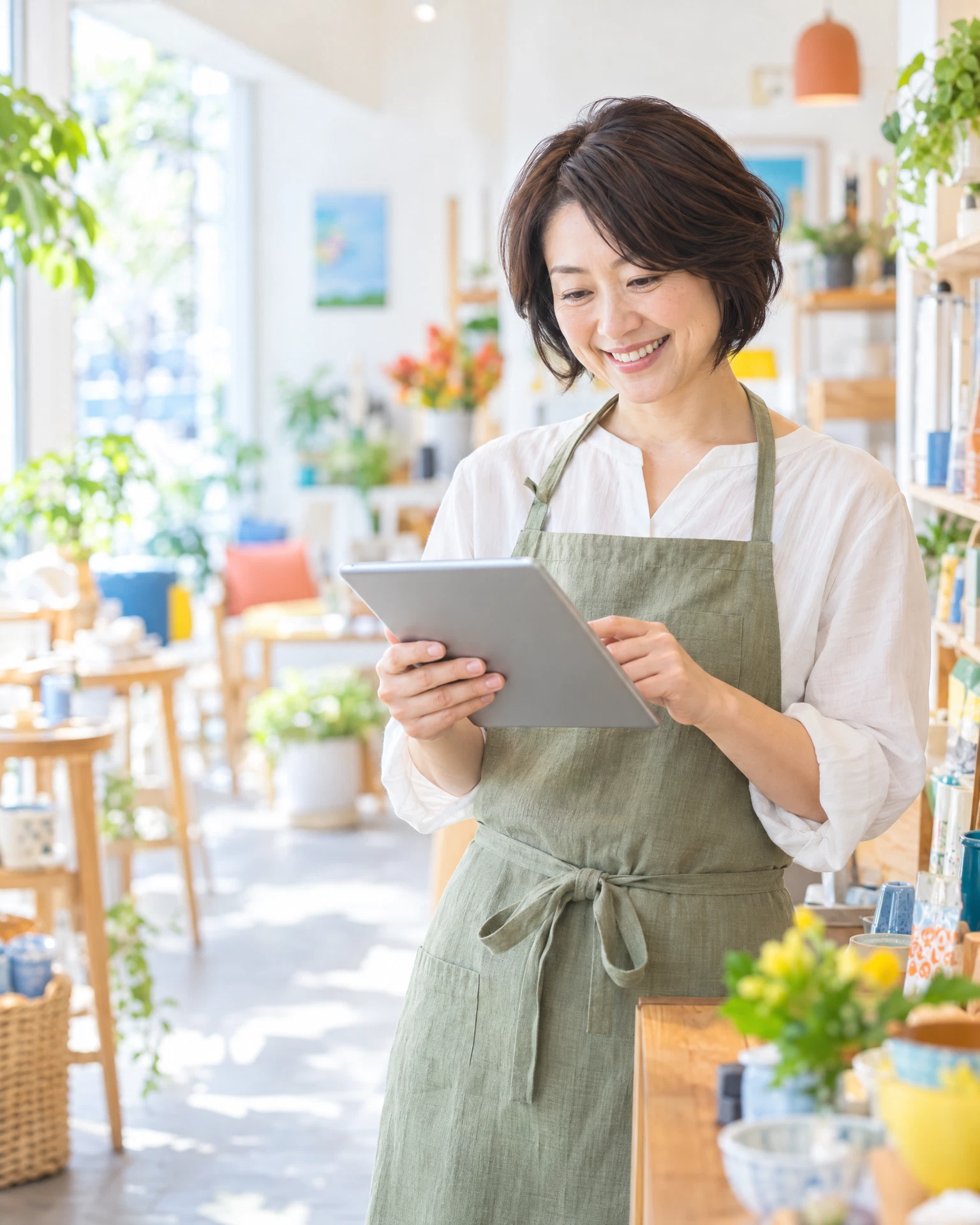 明るい店内でタブレットを見ながら笑顔になる、仙台の小さな店舗のオーナー