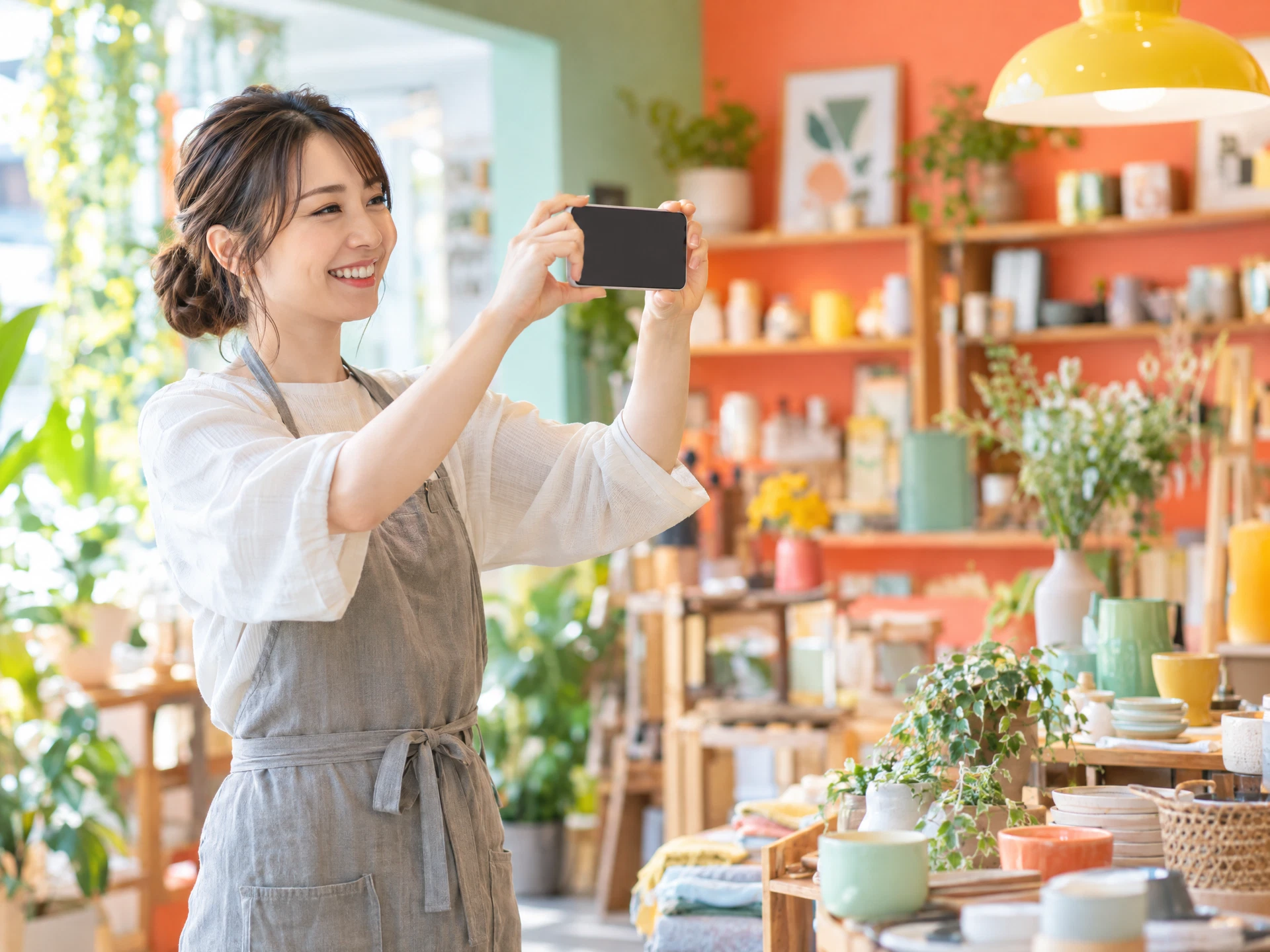 スマートフォンで自分の店の店内を撮影する店主