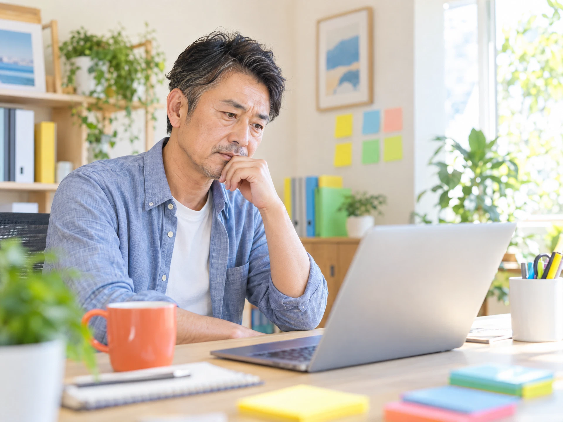 明るい事務所でノートパソコンを見ながら考え込む、小さな会社の経営者